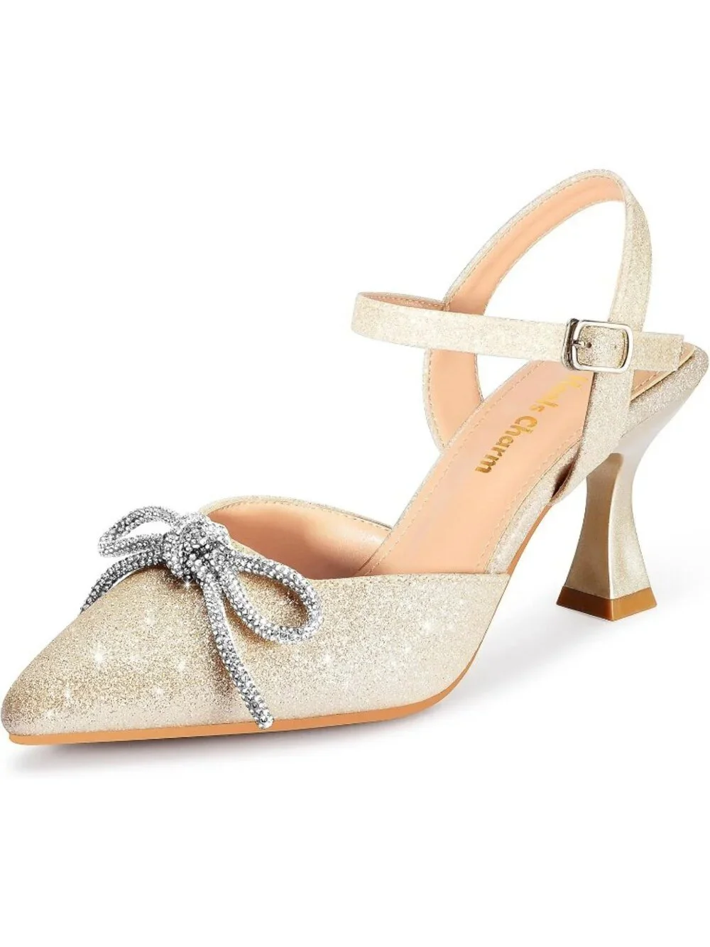 Women's Gold Stiletto Pumps Shoes Pointed Toe Ankle Strap High Heel Dress Shoes
